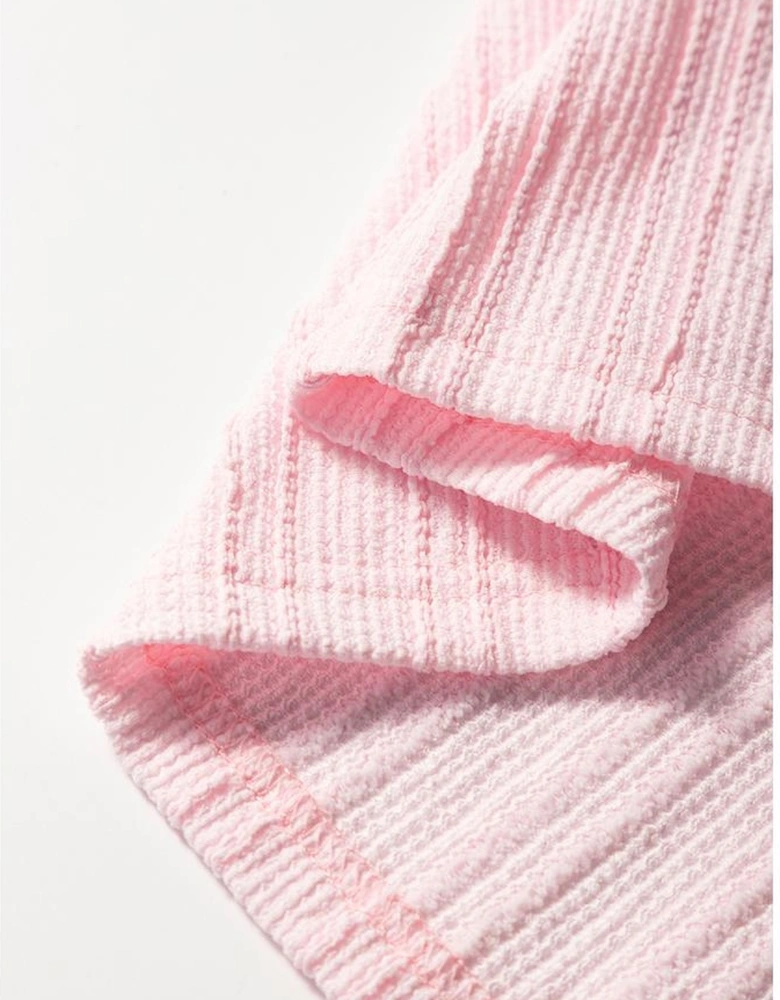 Light Pink Textured Short Sleeve Henley Top and Pocketed Wide Leg Pants