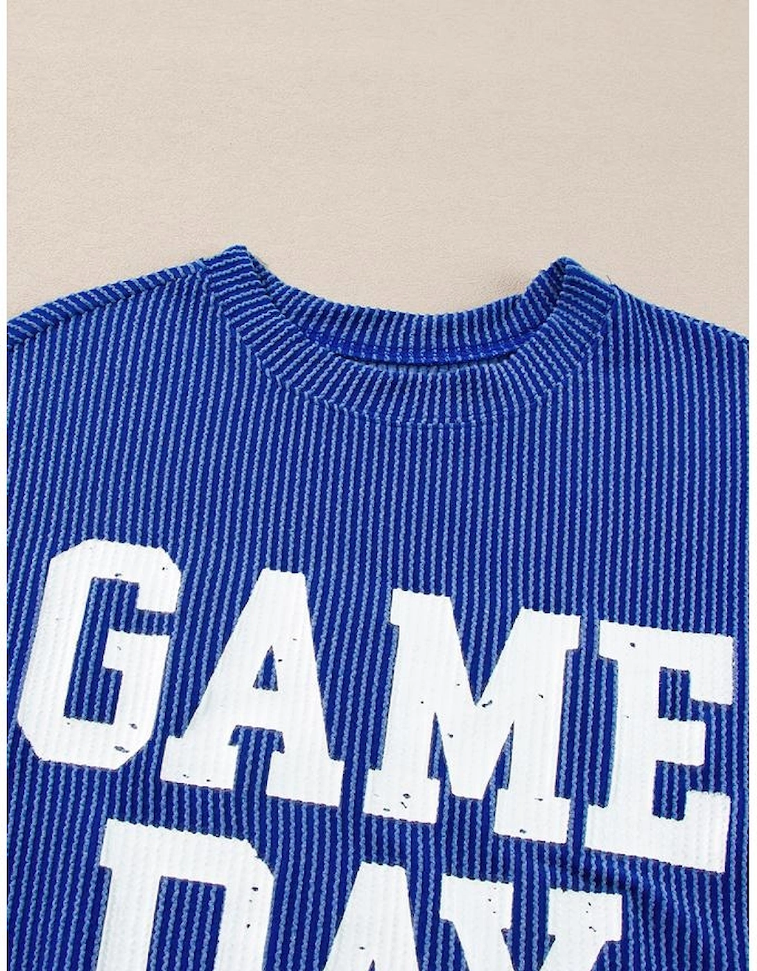 Bluing Corded GAME DAY Graphic Long Sleeve Crewneck Top