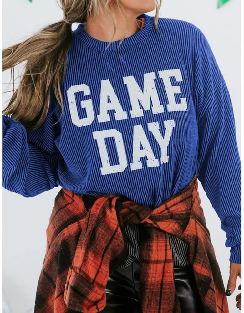 Bluing Corded GAME DAY Graphic Long Sleeve Crewneck Top