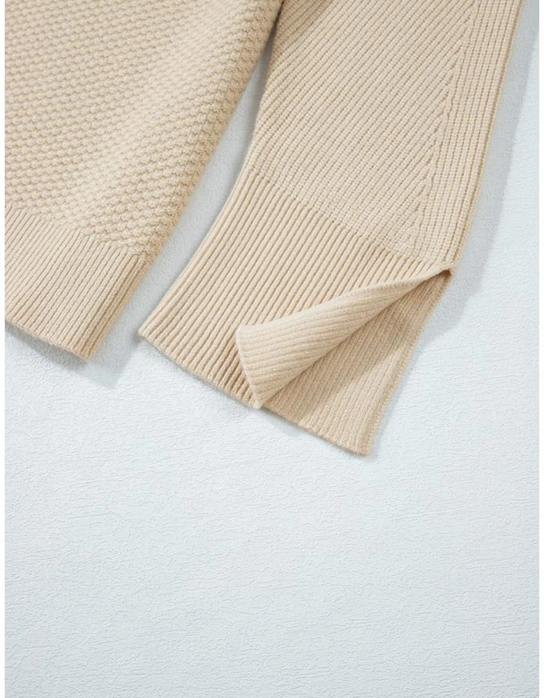 Parchment Solid Textured Knit Split Cuff Drop Shoulder Loose Sweater