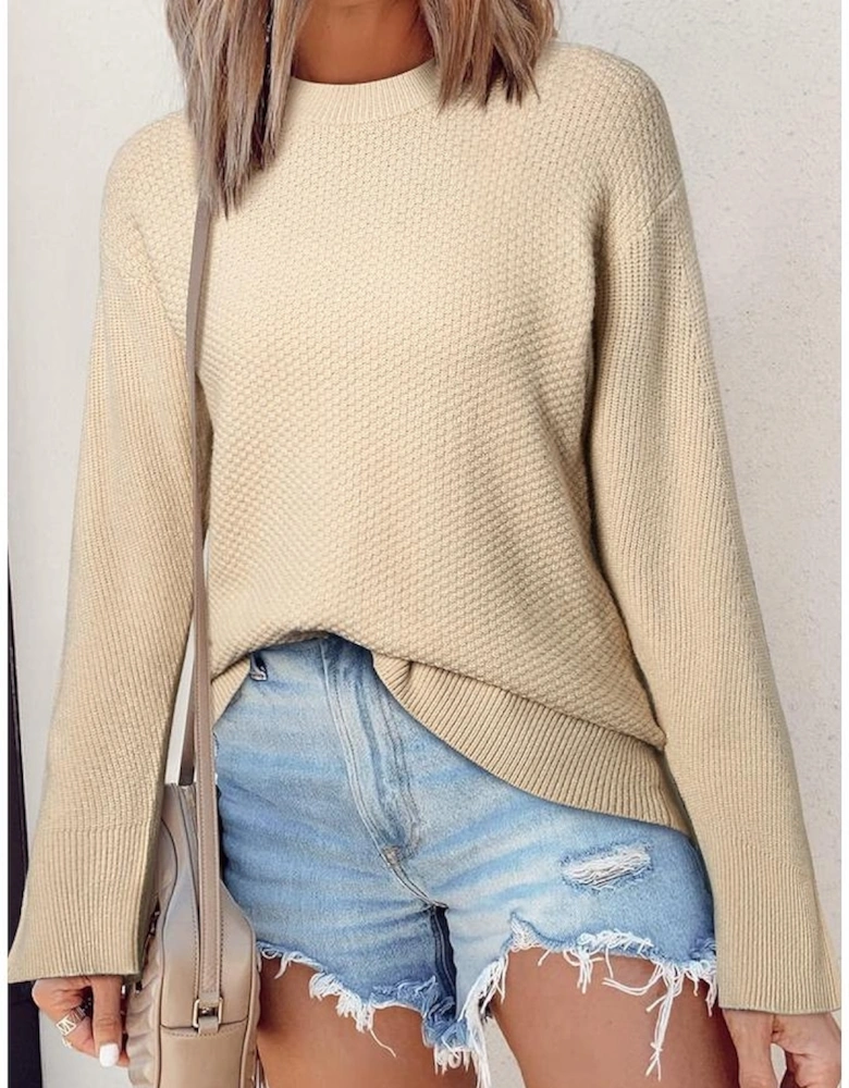 Parchment Solid Textured Knit Split Cuff Drop Shoulder Loose Sweater