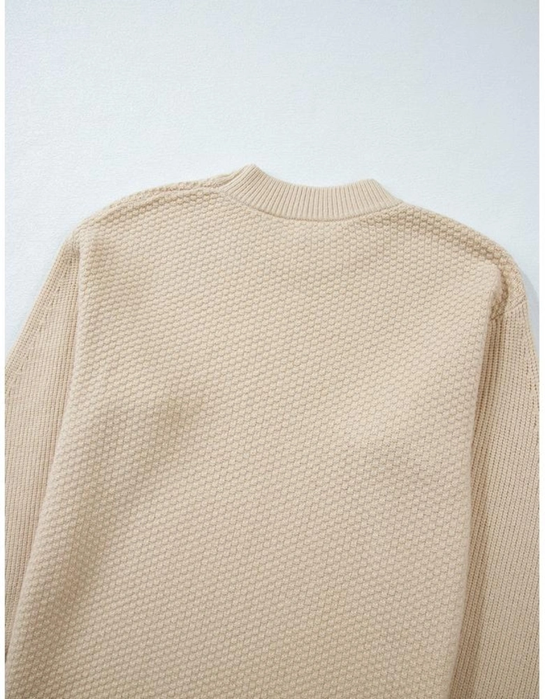 Parchment Solid Textured Knit Split Cuff Drop Shoulder Loose Sweater