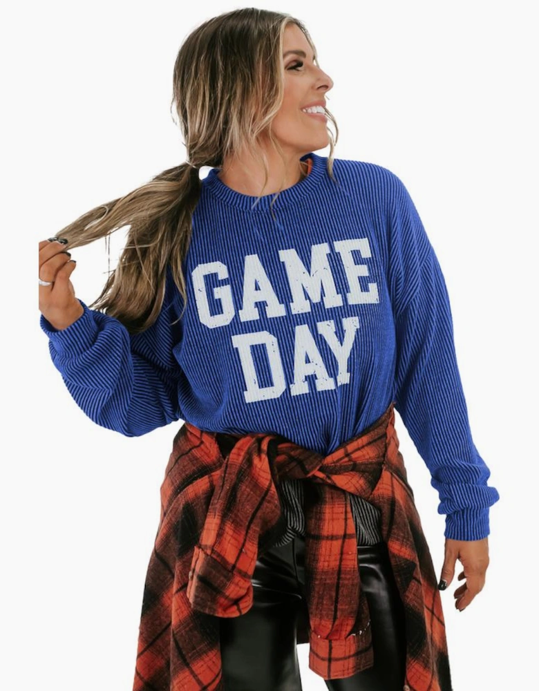 Bluing Corded GAME DAY Graphic Long Sleeve Crewneck Top