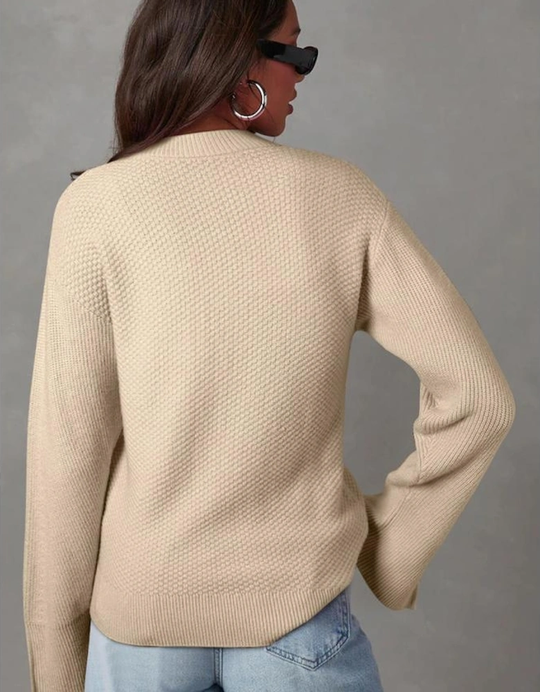 Parchment Solid Textured Knit Split Cuff Drop Shoulder Loose Sweater