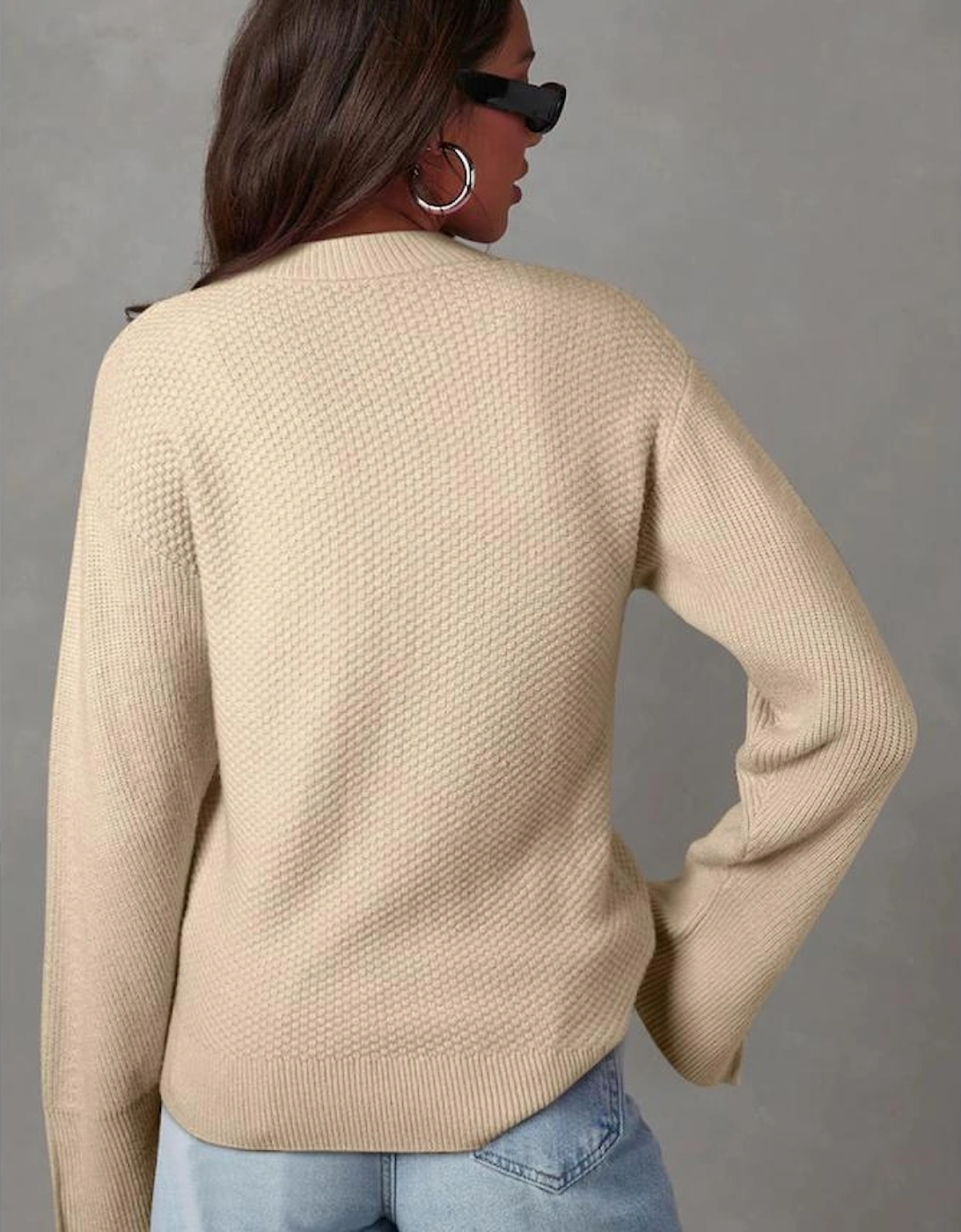 Parchment Solid Textured Knit Split Cuff Drop Shoulder Loose Sweater