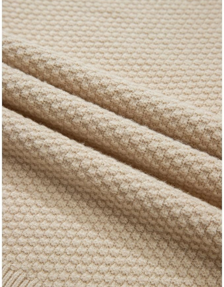 Parchment Solid Textured Knit Split Cuff Drop Shoulder Loose Sweater