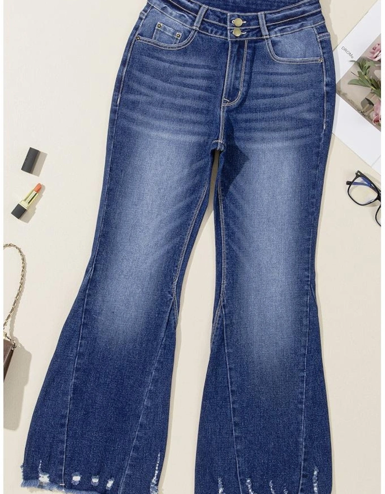 Sail Blue High Rise Dual Button Distressed Raw Hem Flared Jeans