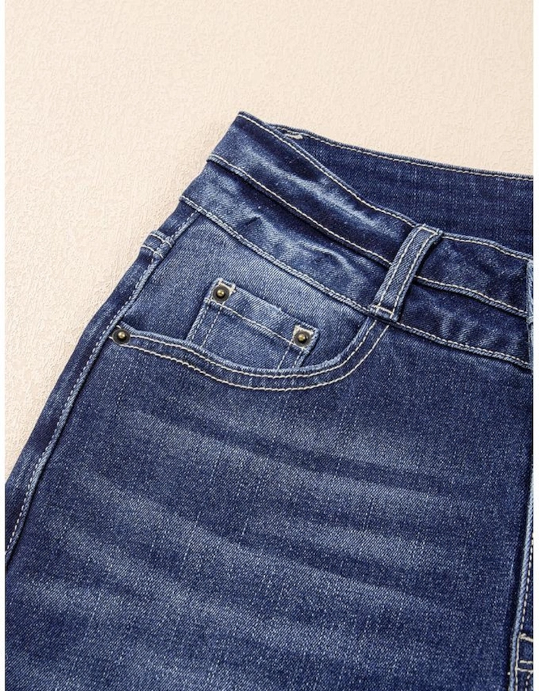 Sail Blue High Rise Dual Button Distressed Raw Hem Flared Jeans