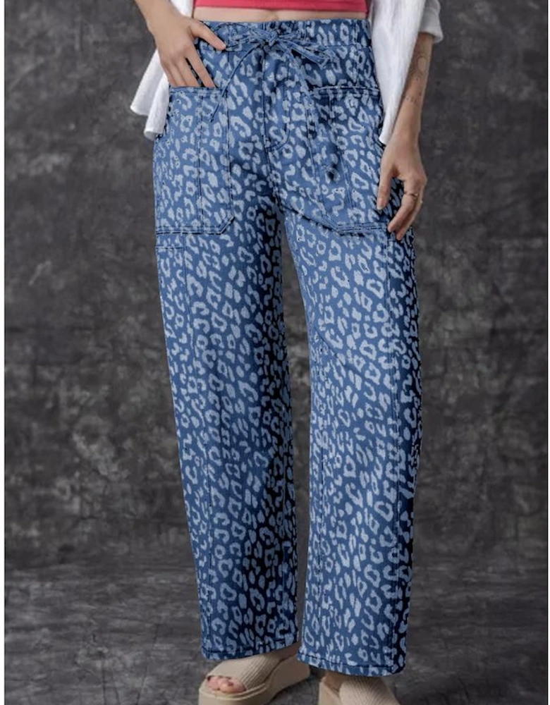 Blue Leopard Printed Drawstring Waist Pocketed Wide Leg Jeans