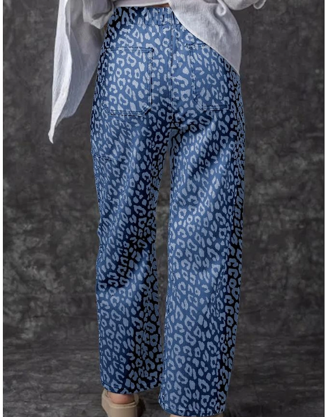 Blue Leopard Printed Drawstring Waist Pocketed Wide Leg Jeans, 3 of 2