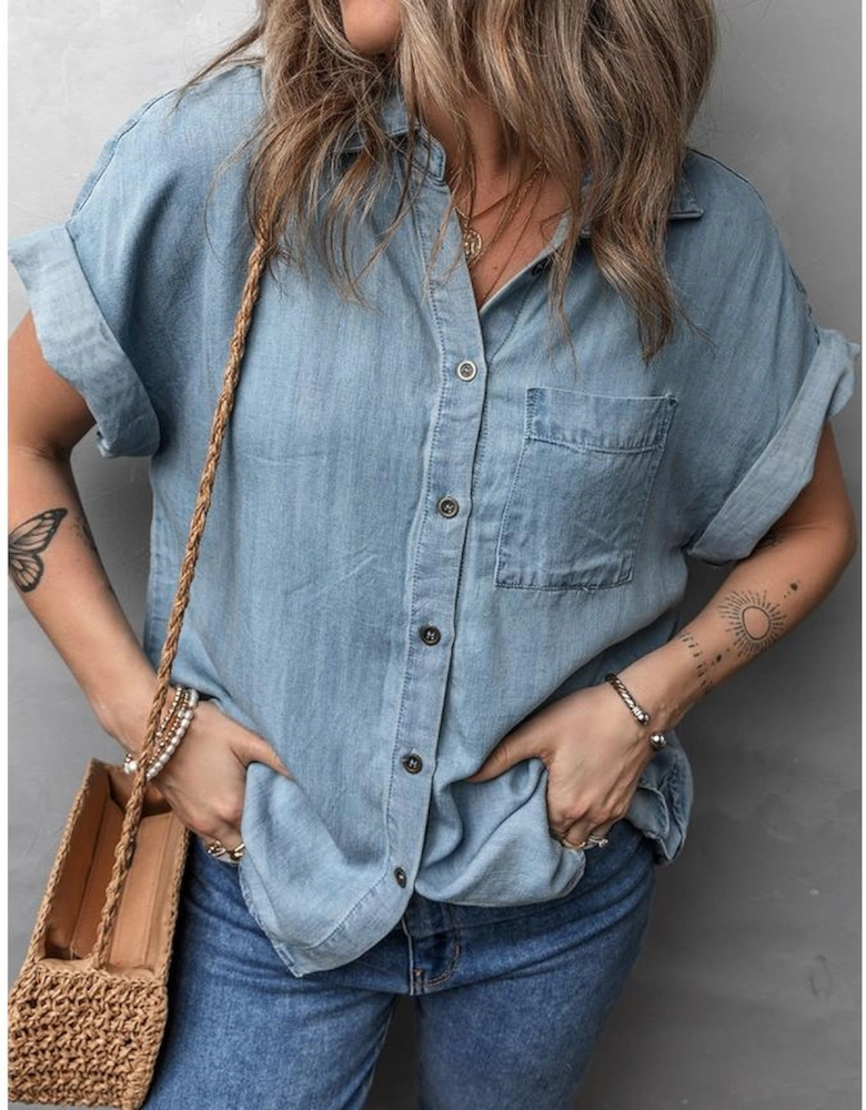 Dusk Blue Folded Short Sleeve Patched Pocket Denim Shirt