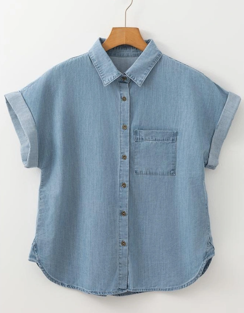Dusk Blue Folded Short Sleeve Patched Pocket Denim Shirt