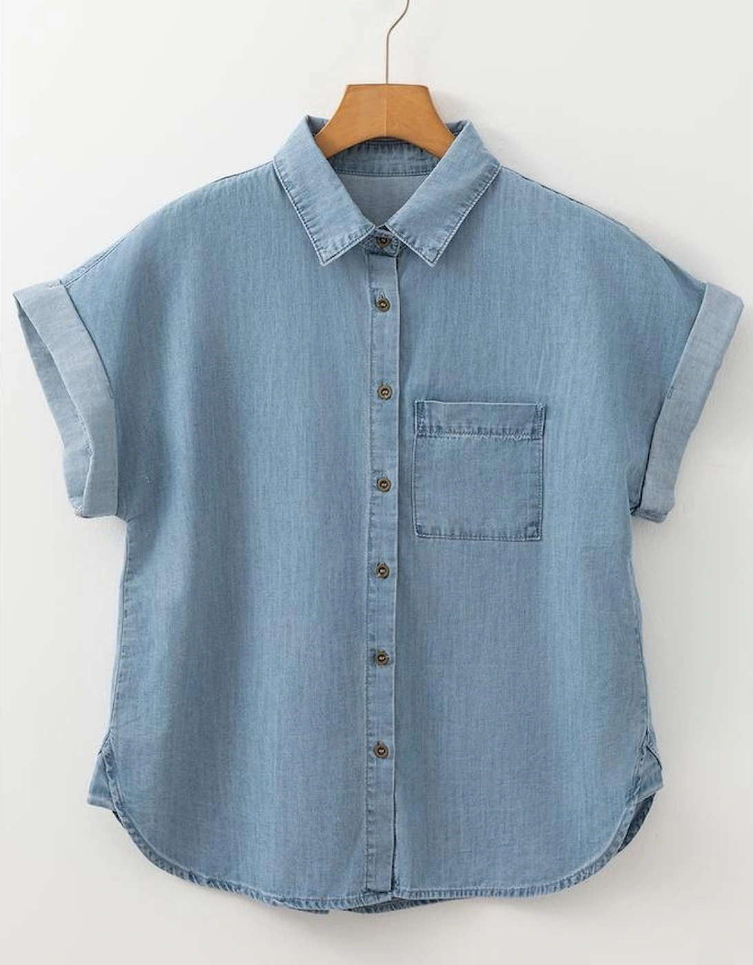Dusk Blue Folded Short Sleeve Patched Pocket Denim Shirt