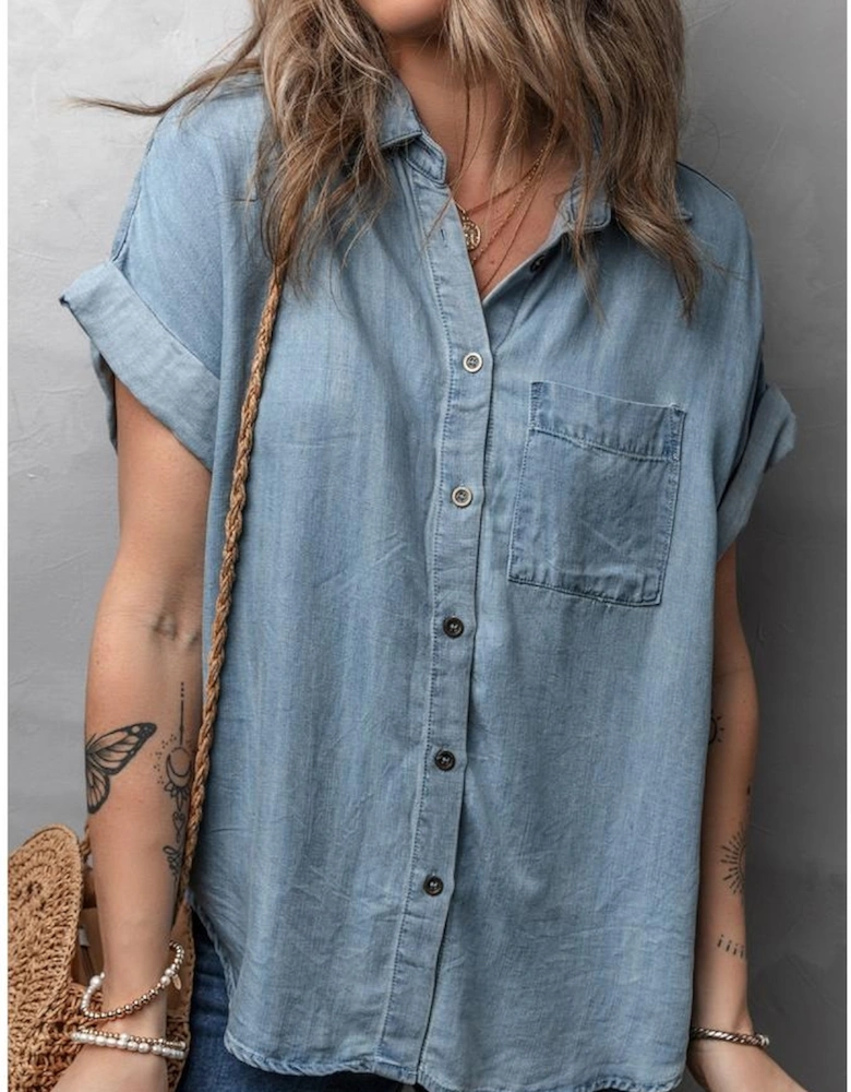 Dusk Blue Folded Short Sleeve Patched Pocket Denim Shirt