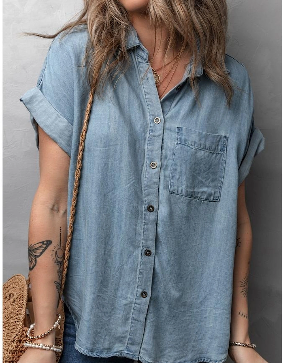 Dusk Blue Folded Short Sleeve Patched Pocket Denim Shirt
