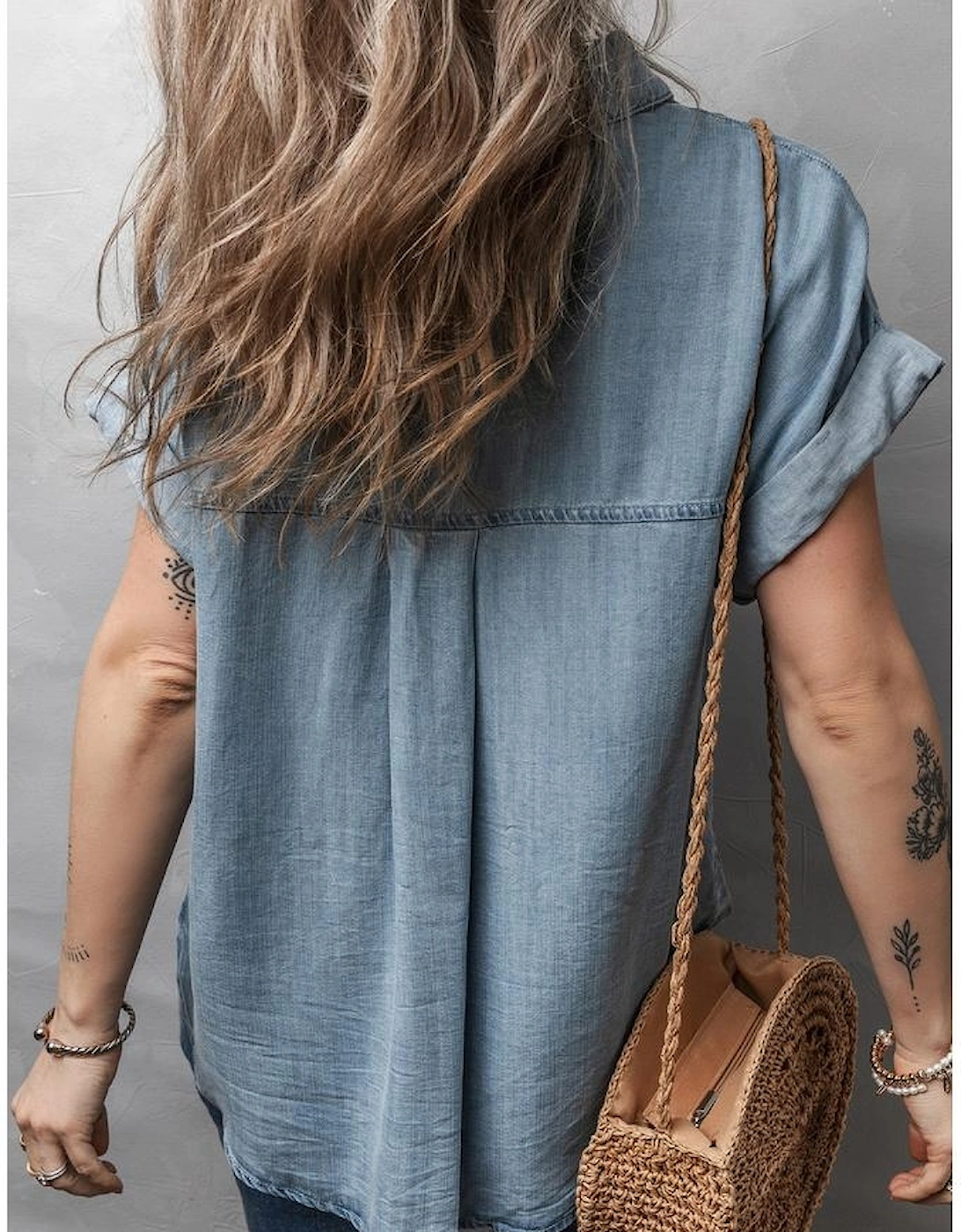 Dusk Blue Folded Short Sleeve Patched Pocket Denim Shirt