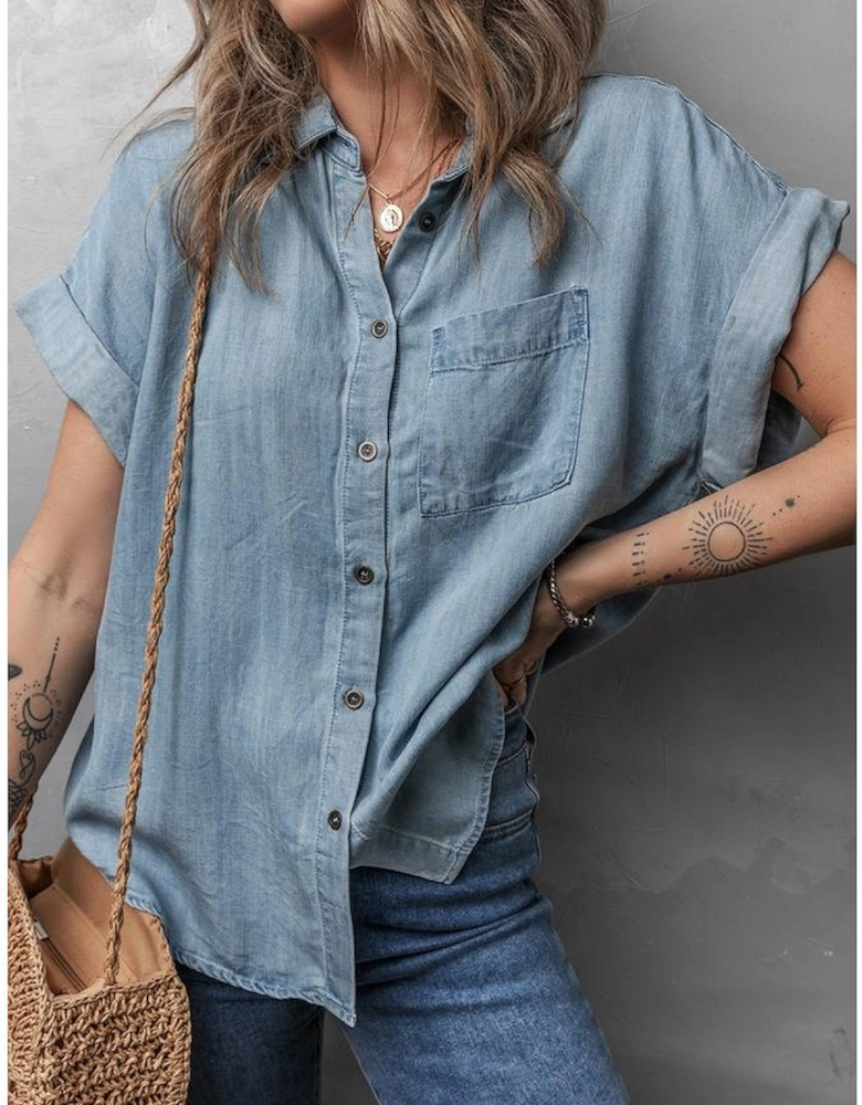 Dusk Blue Folded Short Sleeve Patched Pocket Denim Shirt