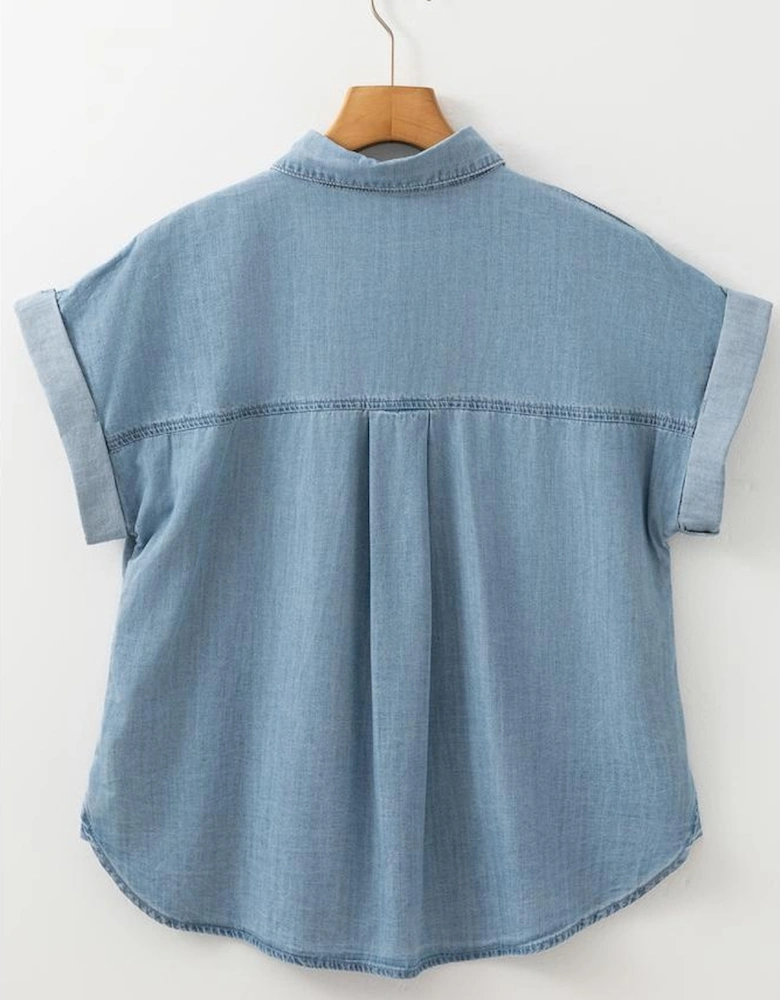 Dusk Blue Folded Short Sleeve Patched Pocket Denim Shirt