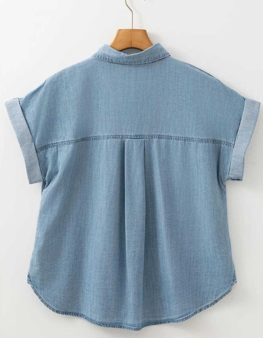 Dusk Blue Folded Short Sleeve Patched Pocket Denim Shirt