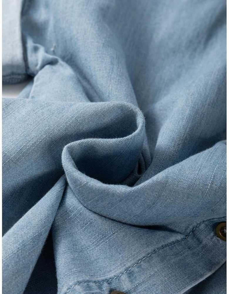 Dusk Blue Folded Short Sleeve Patched Pocket Denim Shirt