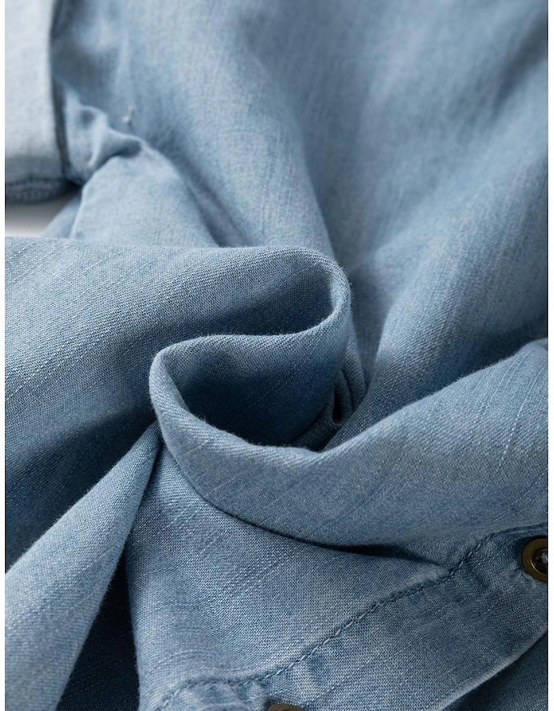 Dusk Blue Folded Short Sleeve Patched Pocket Denim Shirt