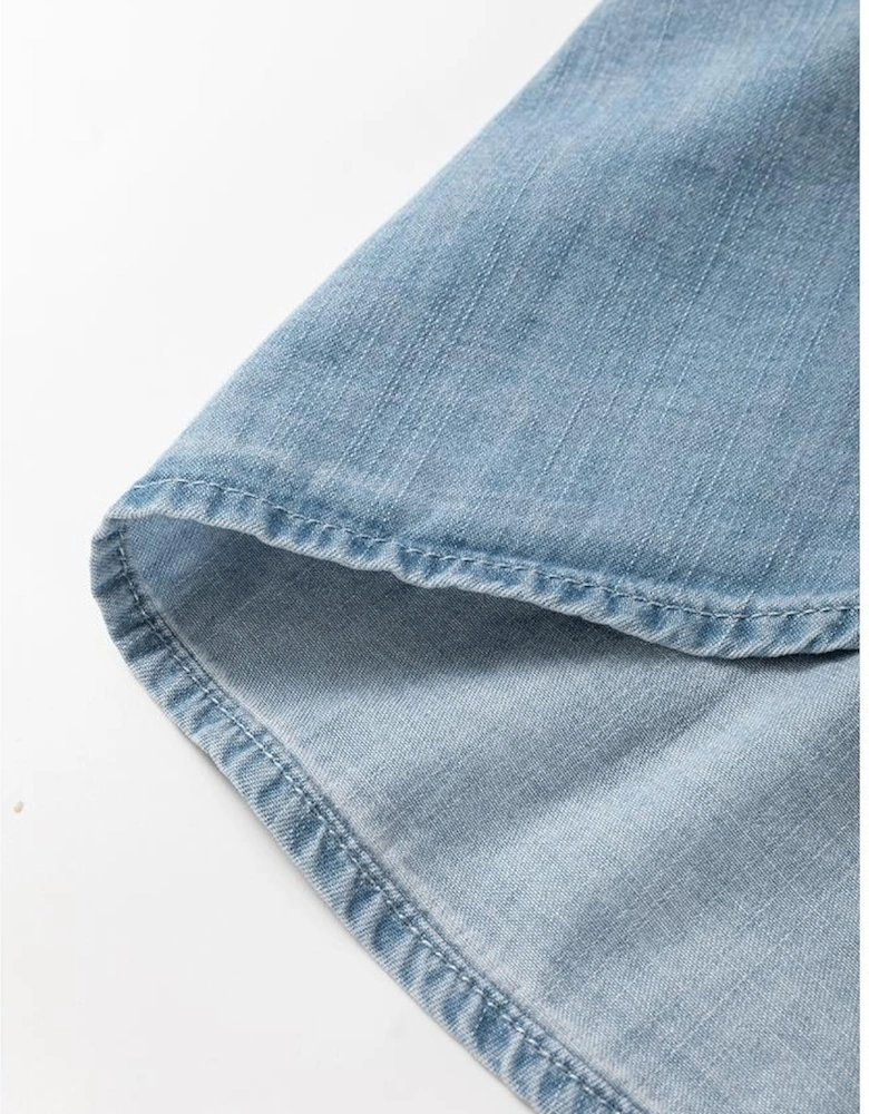 Dusk Blue Folded Short Sleeve Patched Pocket Denim Shirt