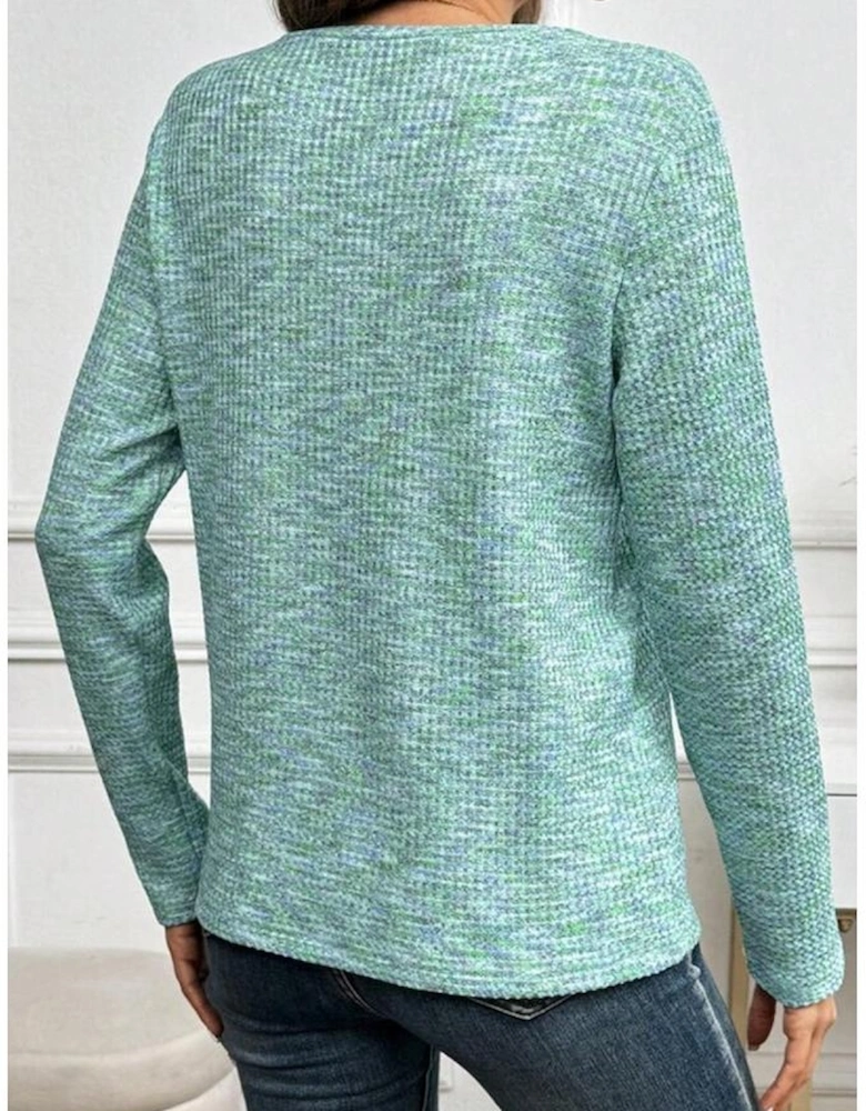 Moonlight Jade Buttoned V Neck Textured Knit Long Sleeve Top
