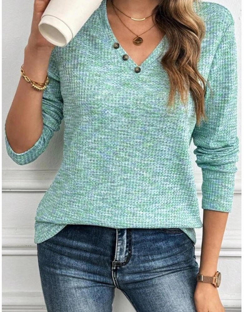 Moonlight Jade Buttoned V Neck Textured Knit Long Sleeve Top