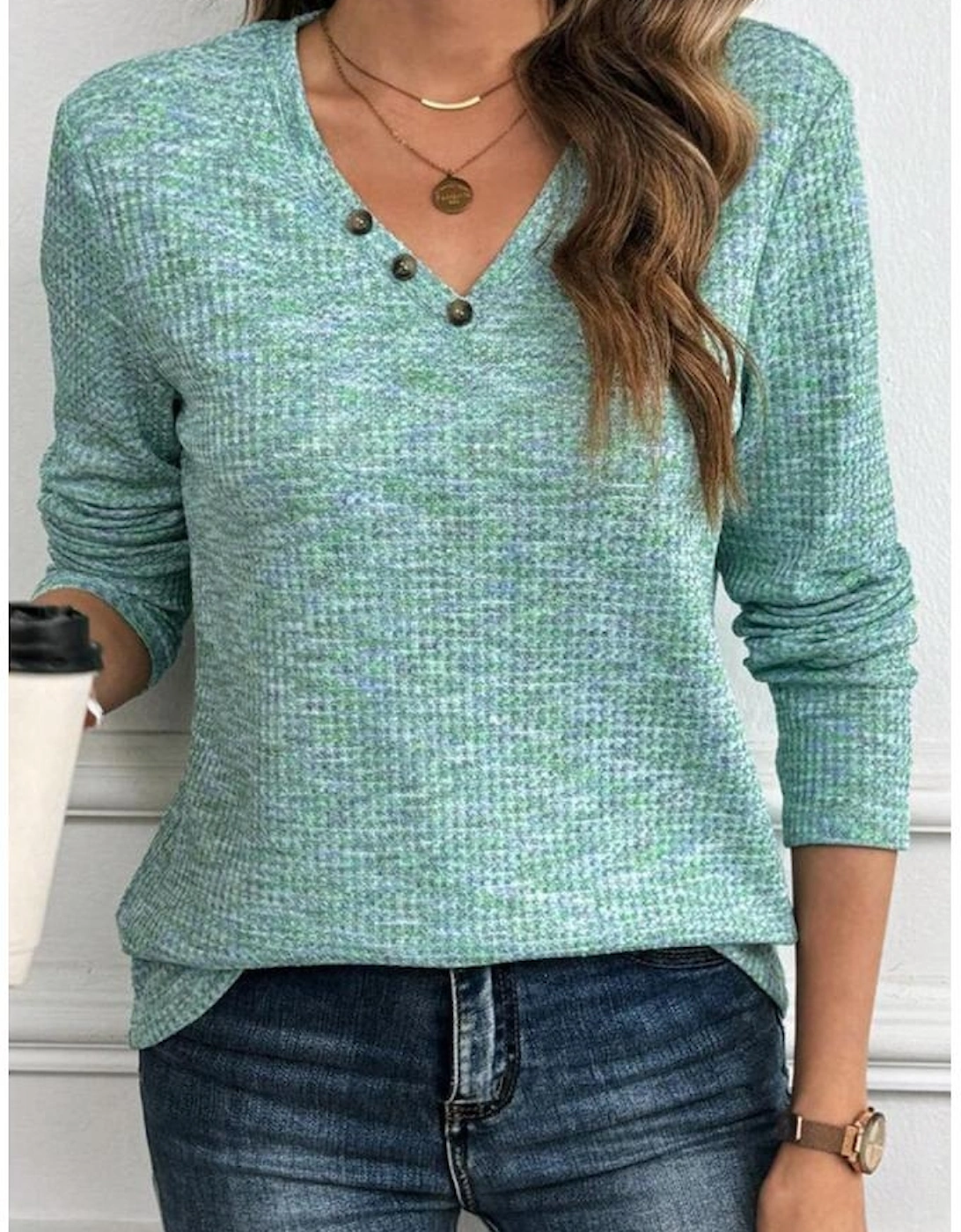 Moonlight Jade Buttoned V Neck Textured Knit Long Sleeve Top