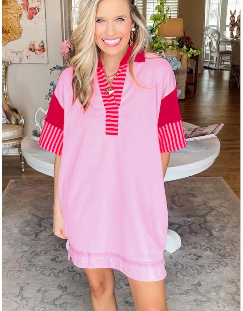 Pink Stripe Colorblock Patchwork Short Sleeve T Shirt Dress