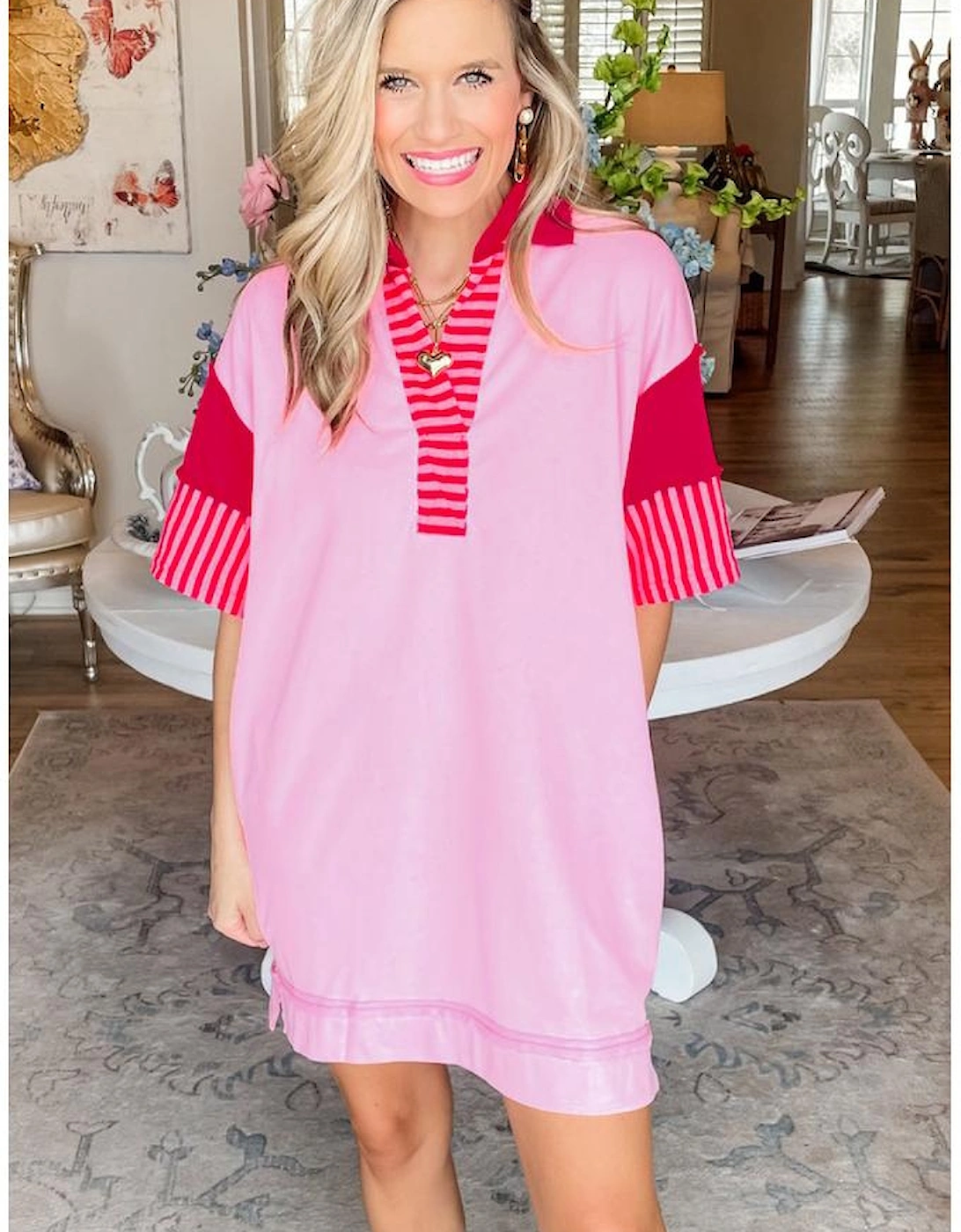 Pink Stripe Colorblock Patchwork Short Sleeve T Shirt Dress