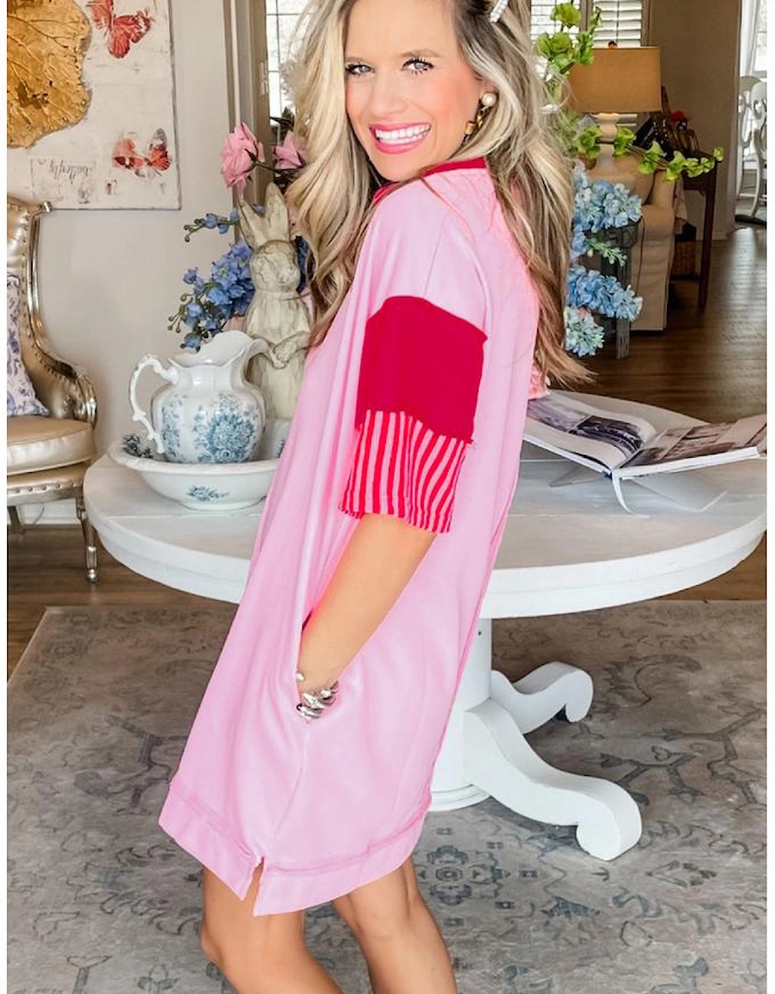 Pink Stripe Colorblock Patchwork Short Sleeve T Shirt Dress, 7 of 6