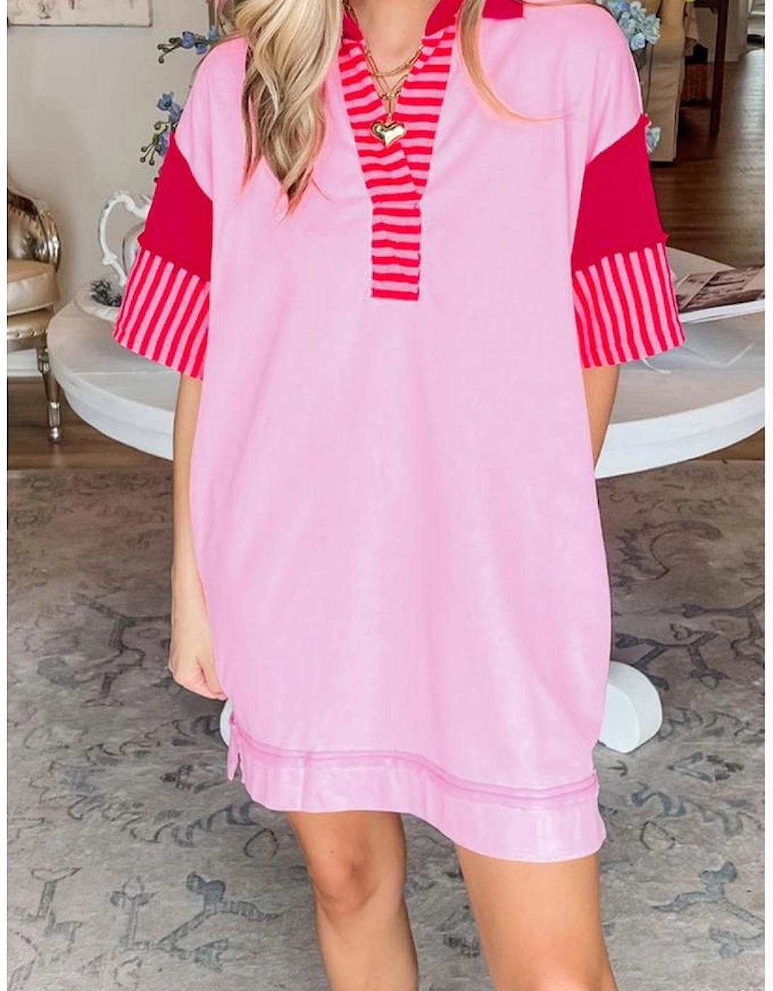 Pink Stripe Colorblock Patchwork Short Sleeve T Shirt Dress