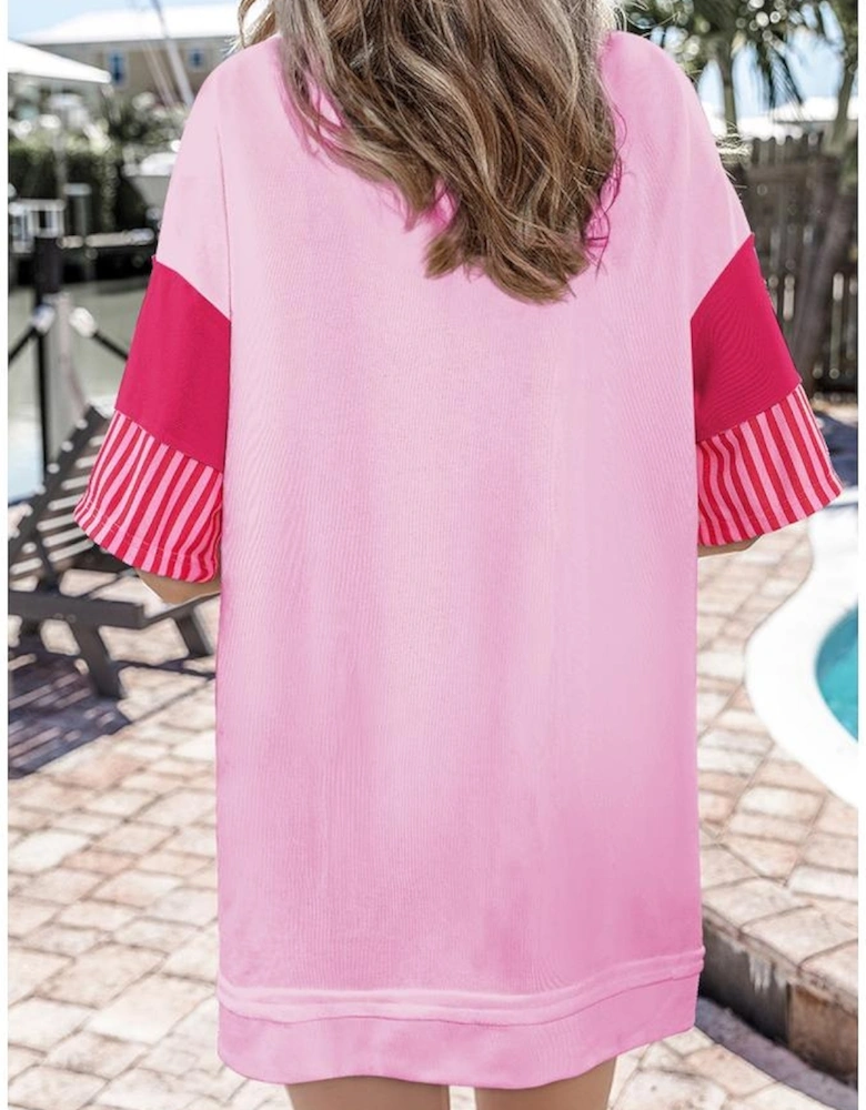 Pink Stripe Colorblock Patchwork Short Sleeve T Shirt Dress