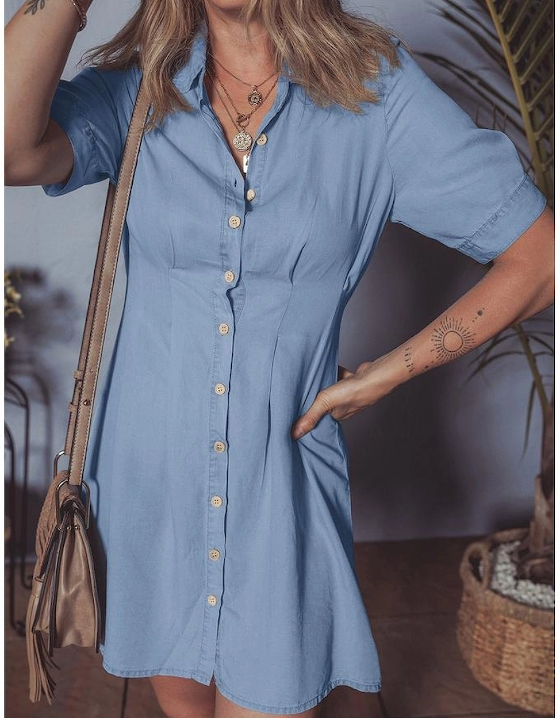 Myosotis Denim Pleated Slim Waist Short Sleeve Shirt Dress