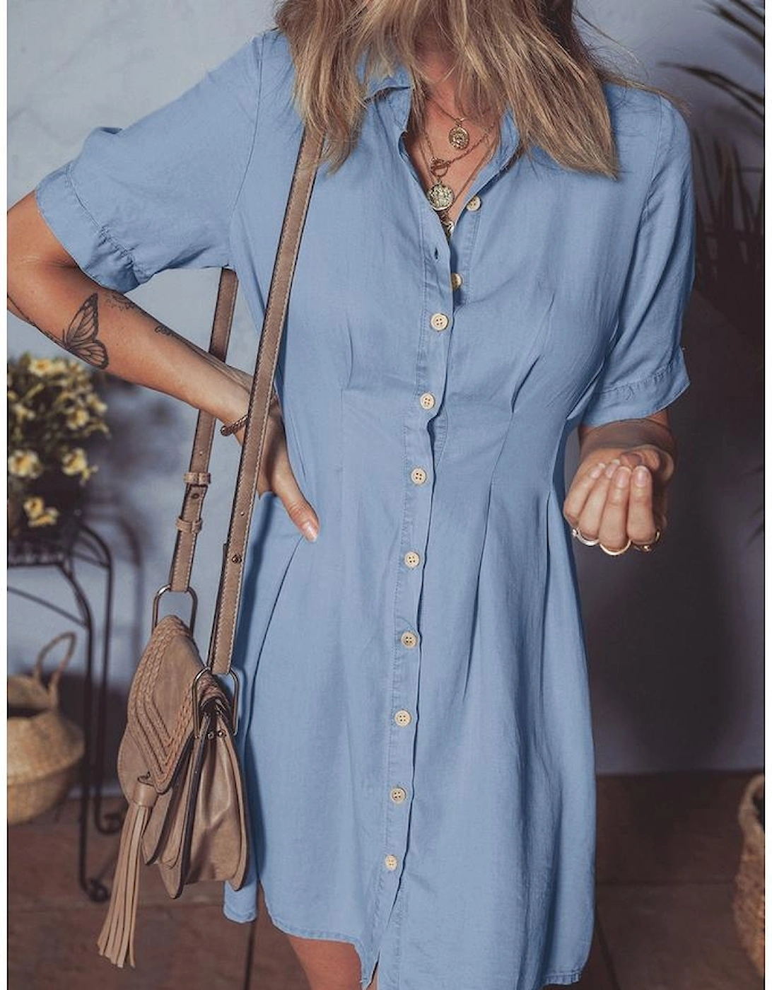 Myosotis Denim Pleated Slim Waist Short Sleeve Shirt Dress
