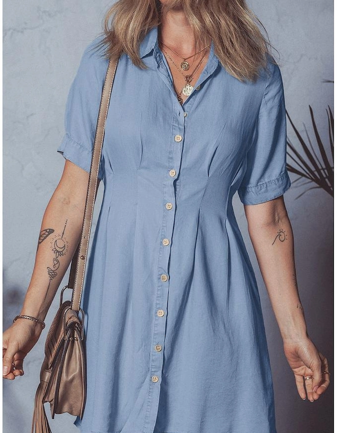 Myosotis Denim Pleated Slim Waist Short Sleeve Shirt Dress