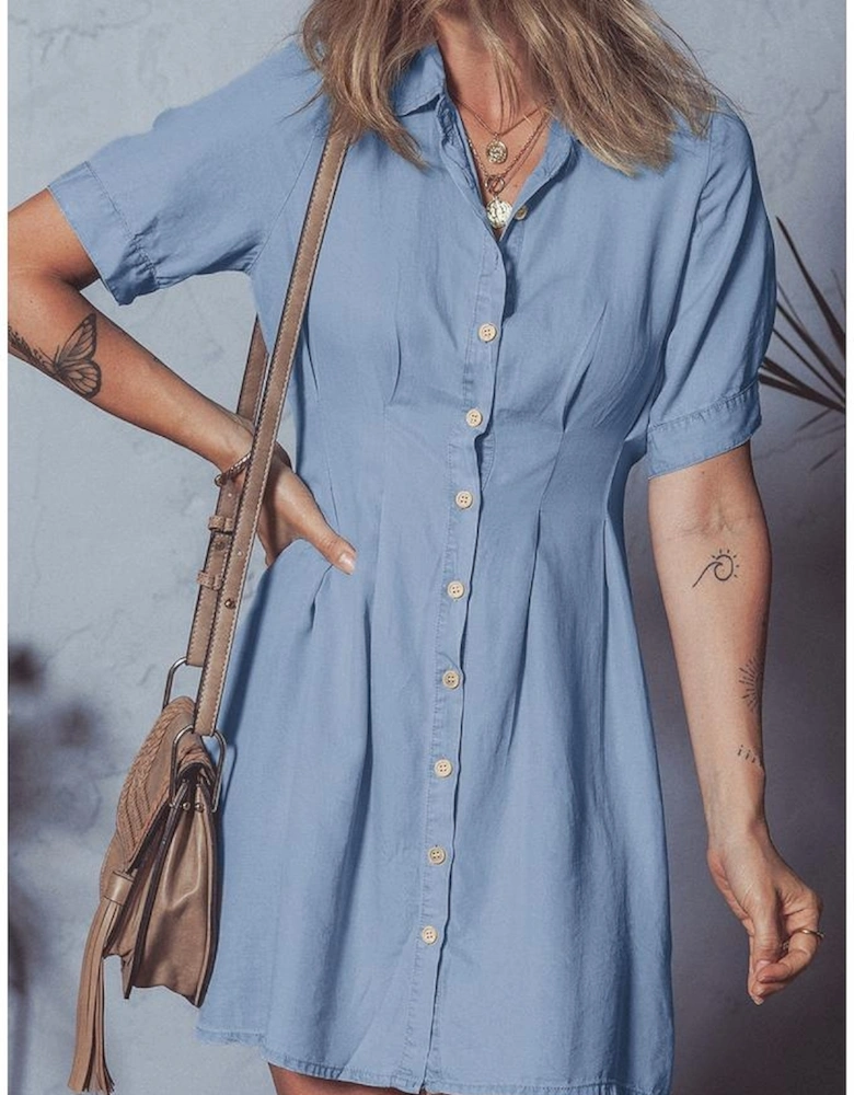Myosotis Denim Pleated Slim Waist Short Sleeve Shirt Dress