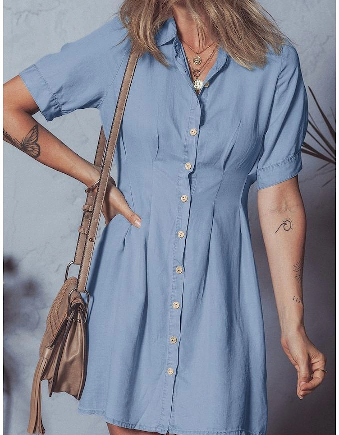 Myosotis Denim Pleated Slim Waist Short Sleeve Shirt Dress