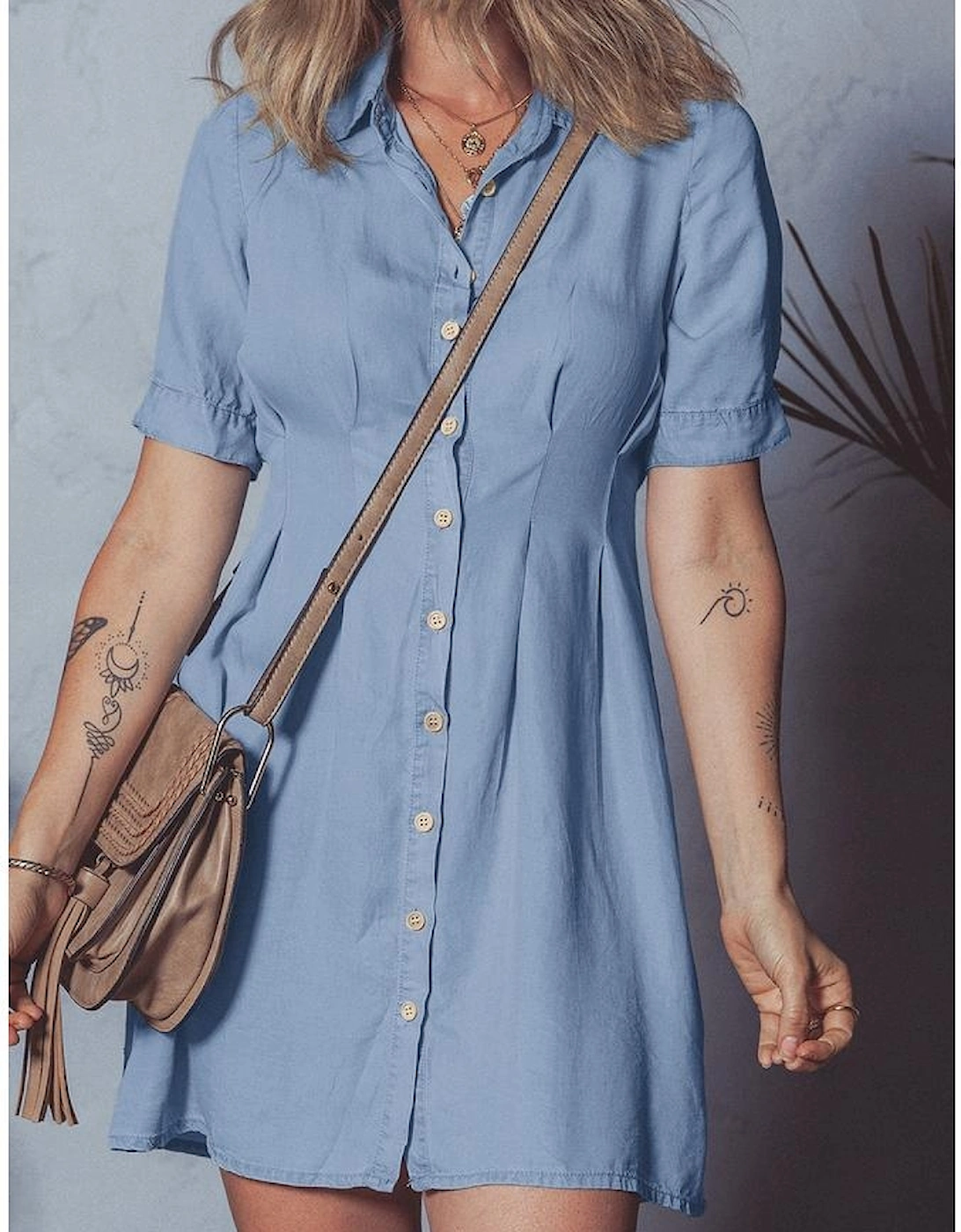 Myosotis Denim Pleated Slim Waist Short Sleeve Shirt Dress