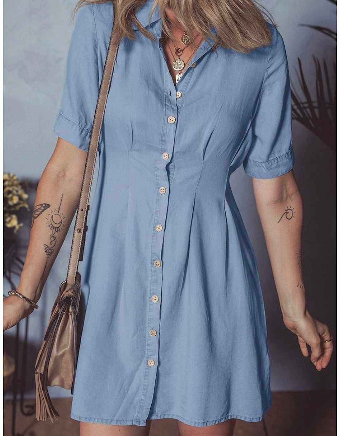Myosotis Denim Pleated Slim Waist Short Sleeve Shirt Dress