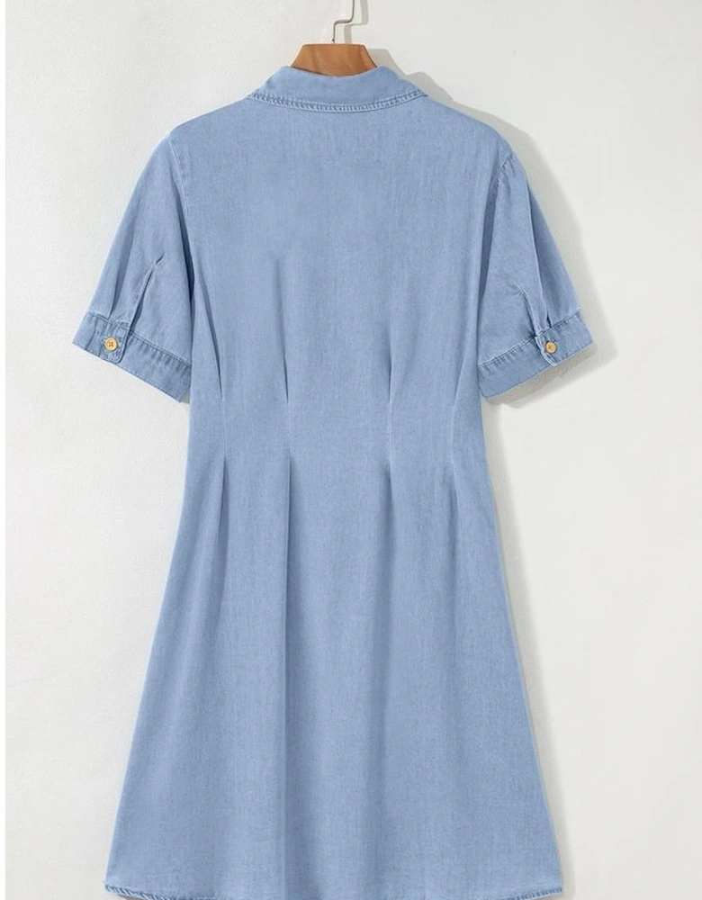 Myosotis Denim Pleated Slim Waist Short Sleeve Shirt Dress