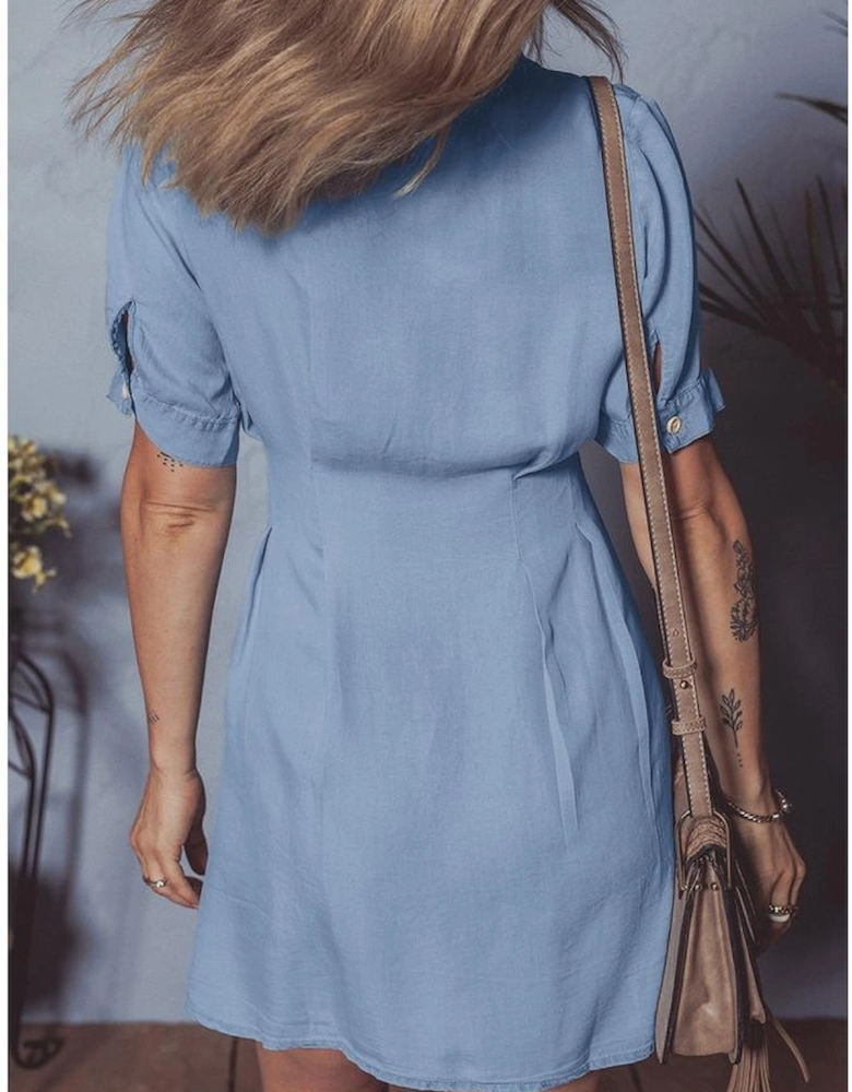 Myosotis Denim Pleated Slim Waist Short Sleeve Shirt Dress
