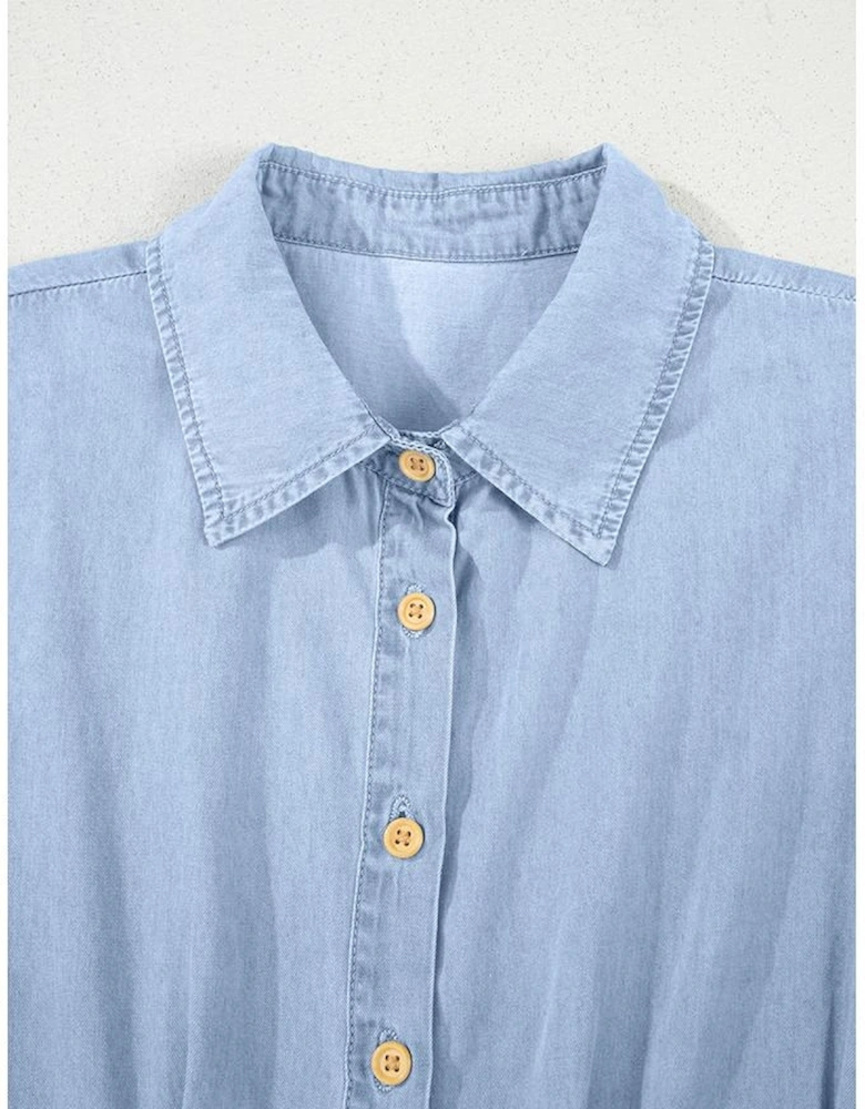 Myosotis Denim Pleated Slim Waist Short Sleeve Shirt Dress