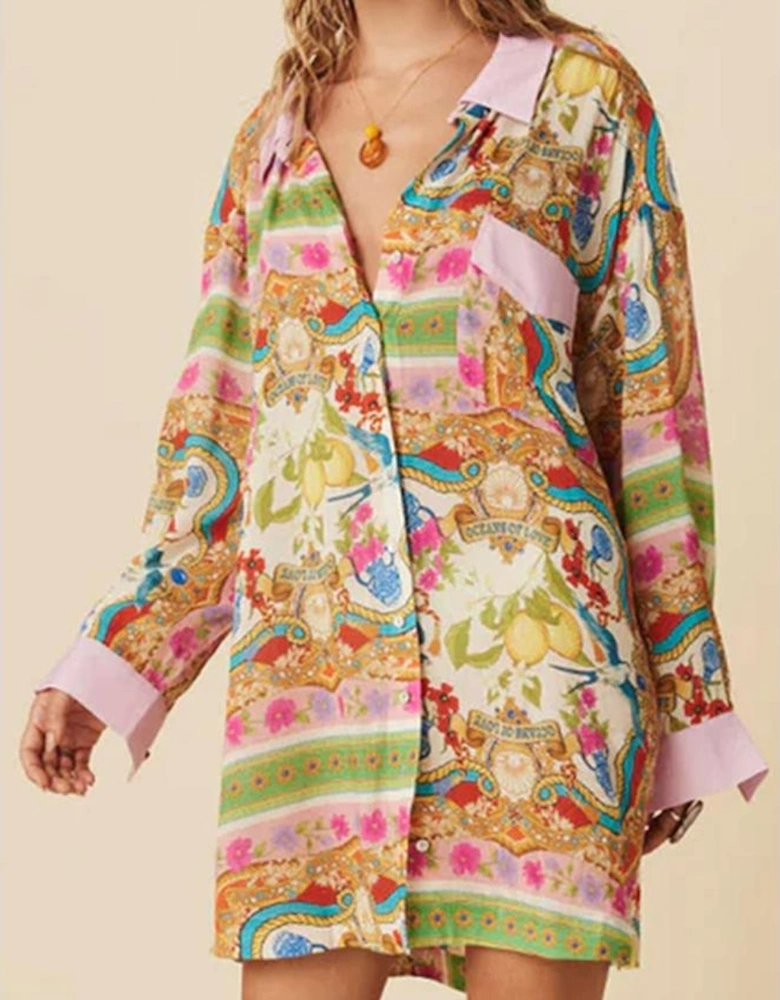 Multicolour Boho Floral Print Buttoned Long Sleeve Shirt Dress
