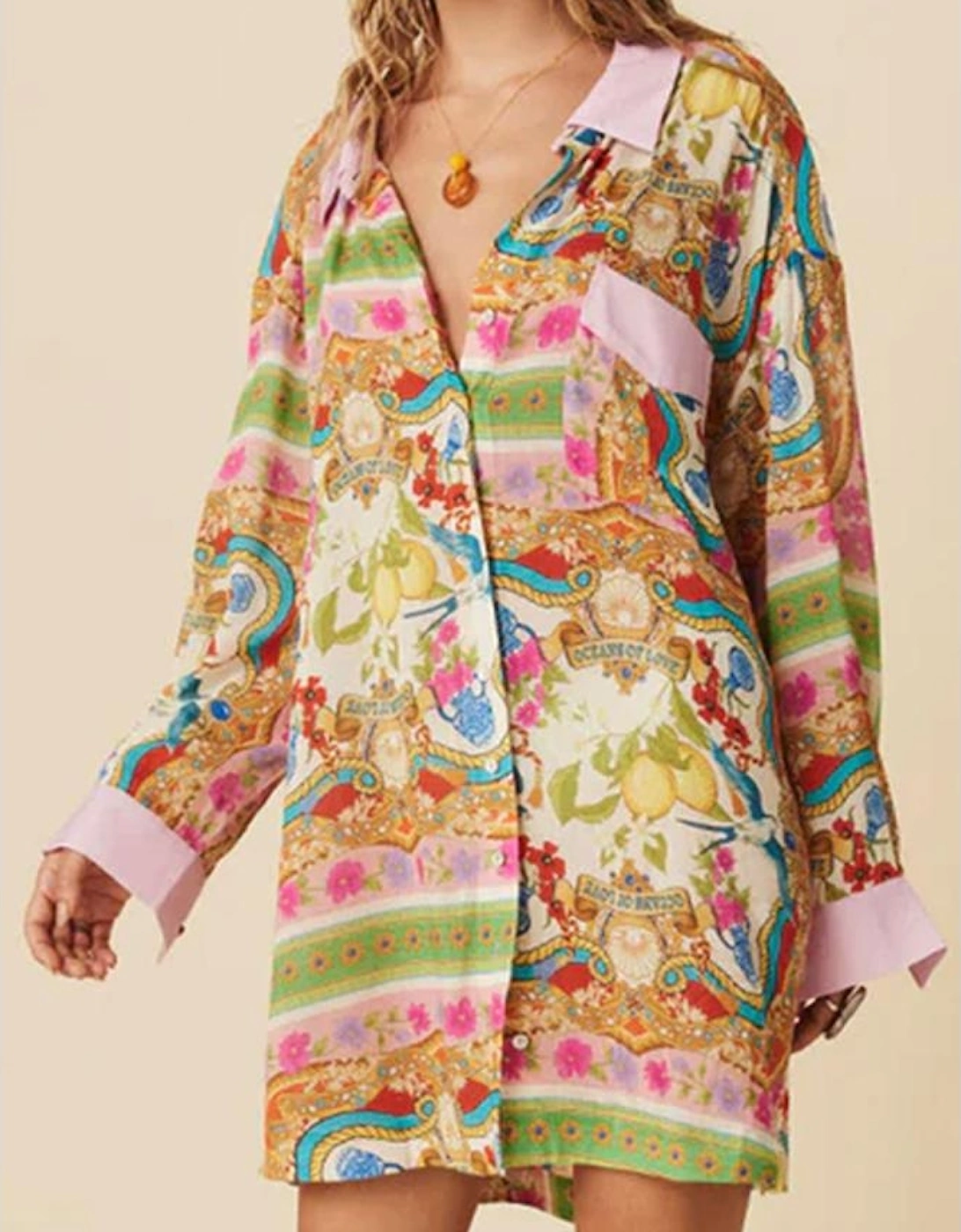 Multicolour Boho Floral Print Buttoned Long Sleeve Shirt Dress