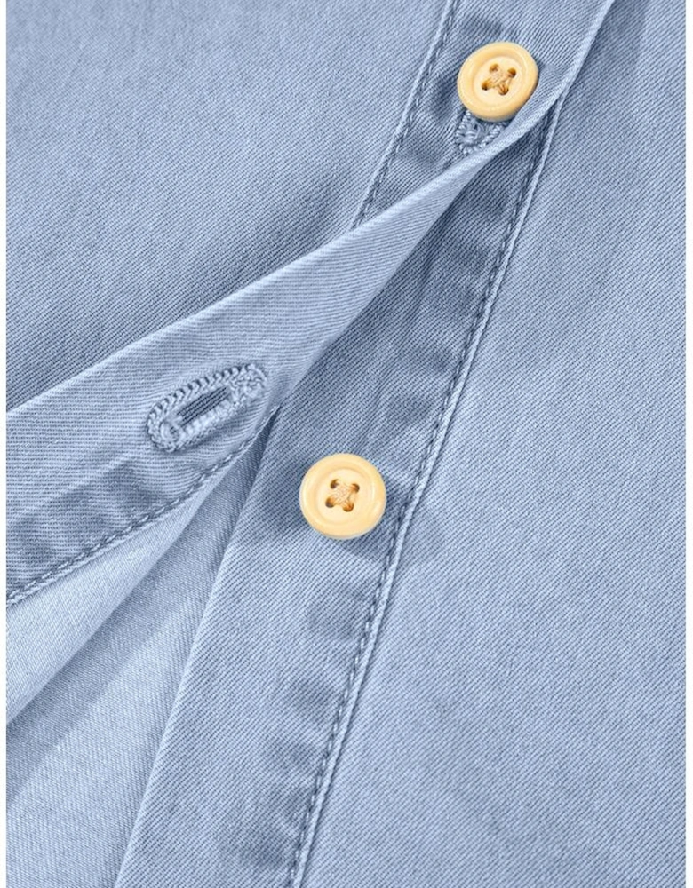 Myosotis Denim Pleated Slim Waist Short Sleeve Shirt Dress