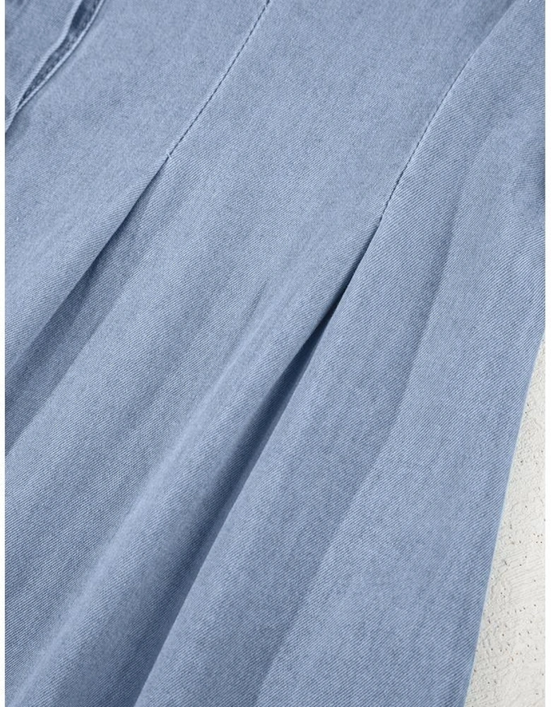 Myosotis Denim Pleated Slim Waist Short Sleeve Shirt Dress