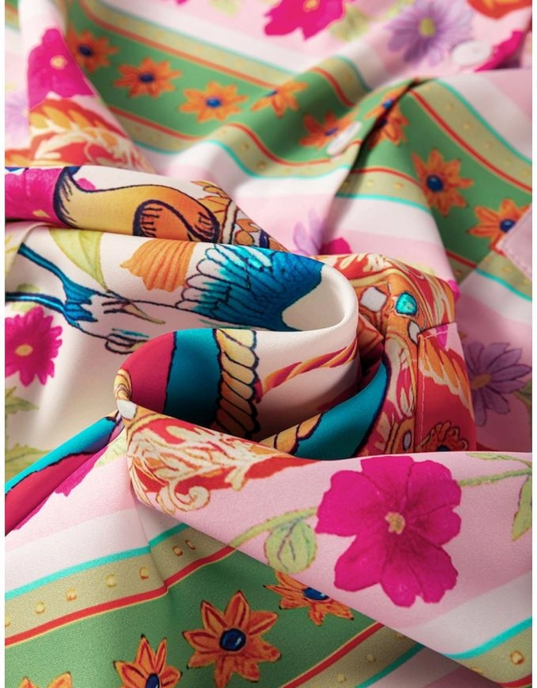 Multicolour Boho Floral Print Buttoned Long Sleeve Shirt Dress