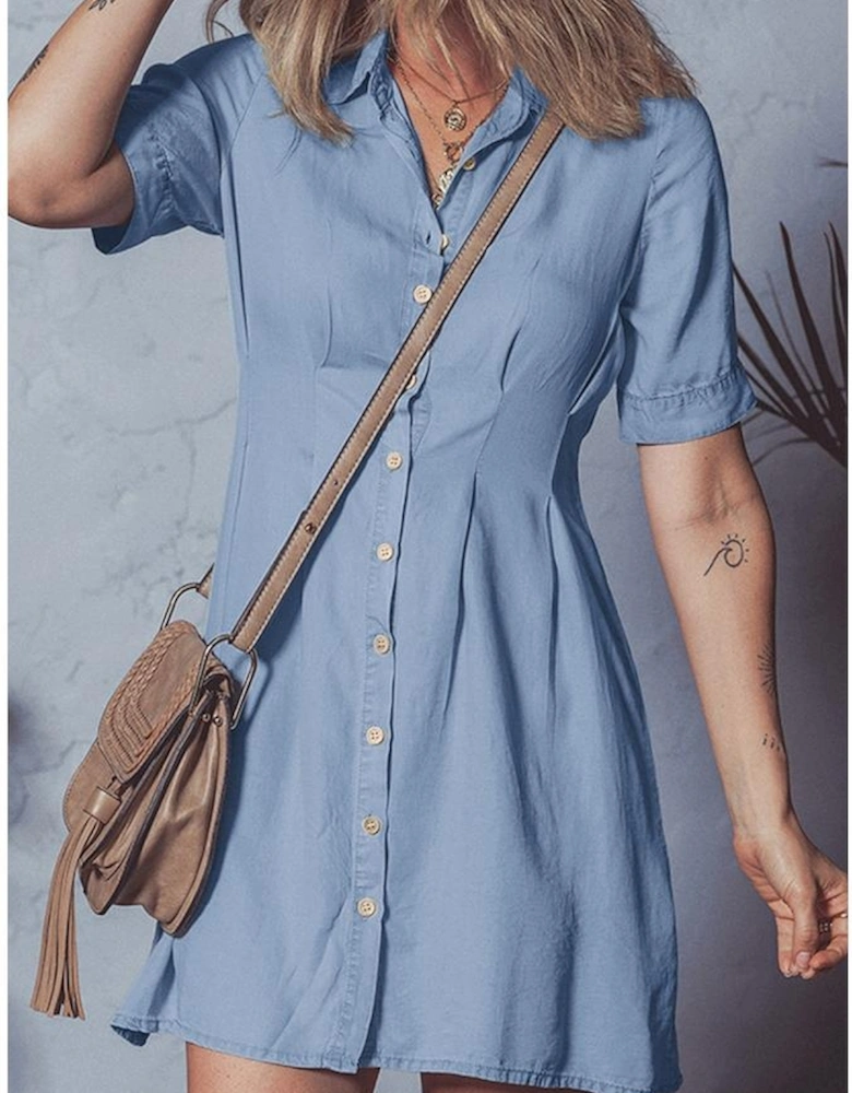 Myosotis Denim Pleated Slim Waist Short Sleeve Shirt Dress